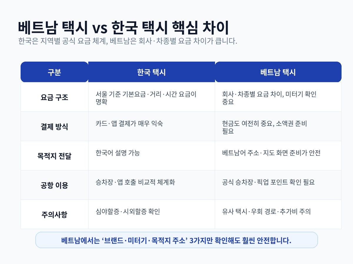 베트남 택시와 한국 택시 핵심 차이 비교