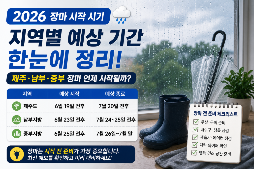2026 장마 시작 시기는 평년값을 기준으로 제주도, 남부지방, 중부지방 순서로 예상해볼 수 있습니다.