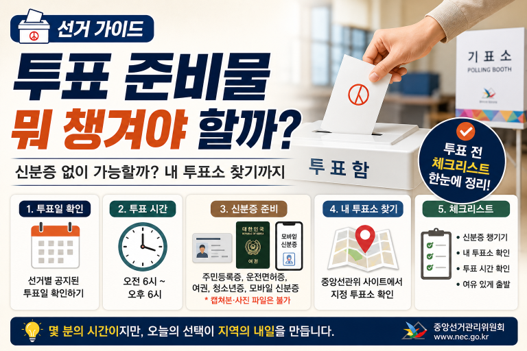 투표 전에는 신분증, 내 투표소, 투표 시간을 먼저 확인하는 것이 좋습니다.