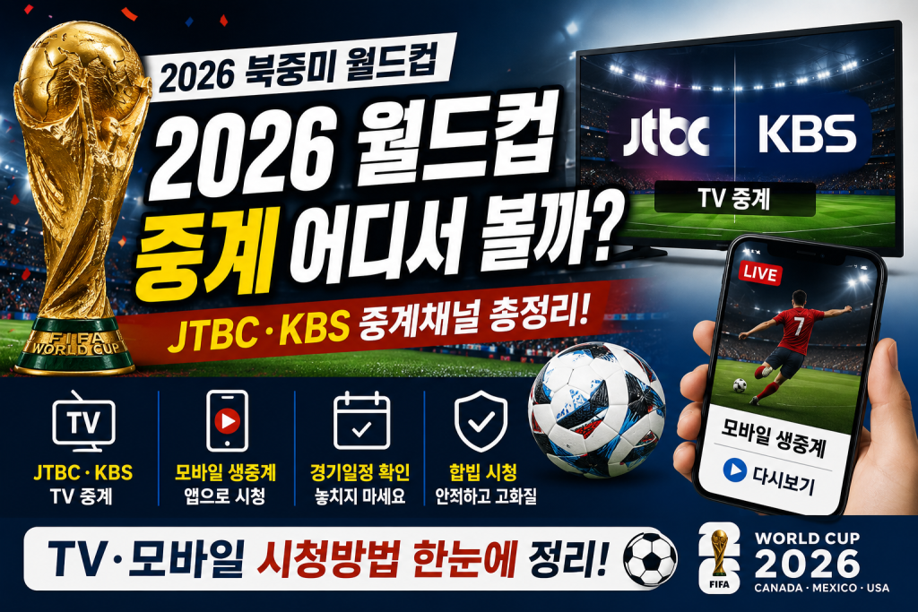 026 월드컵은 TV 채널뿐 아니라 모바일 앱, 온에어 서비스, 하이라이트 제공 여부까지 미리 확인하는 것이 좋습니다.