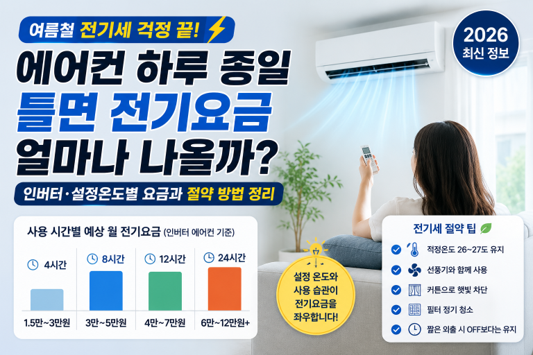 에어컨 전기요금은 사용시간보다 설정온도와 인버터 여부에 따라 차이가 큽니다.
