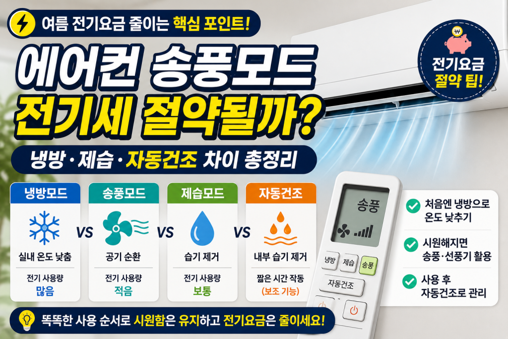 에어컨 송풍모드는 냉방이 아니라 공기 순환 기능에 가깝기 때문에 사용 순서가 중요합니다.