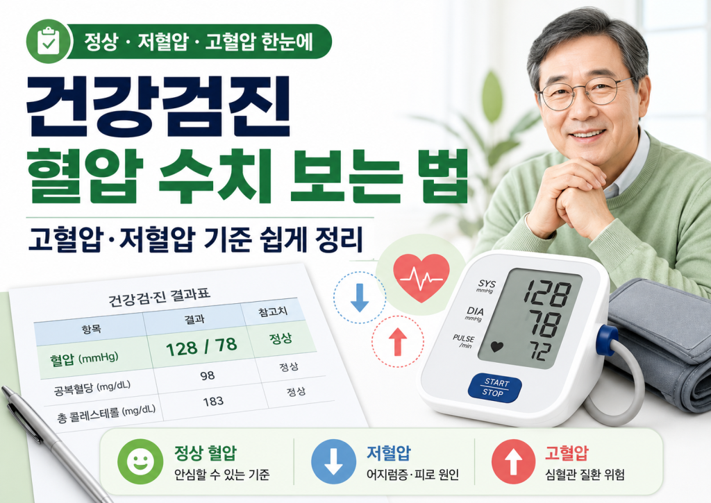 건강검진 결과표에서 혈압은 단순히 “높다, 낮다”로만 볼 수 없습니다. 위 숫자와 아래 숫자의 의미를 구분하고, 고혈압 가능성뿐 아니라 저혈압 증상까지 함께 확인해야 합니다.
