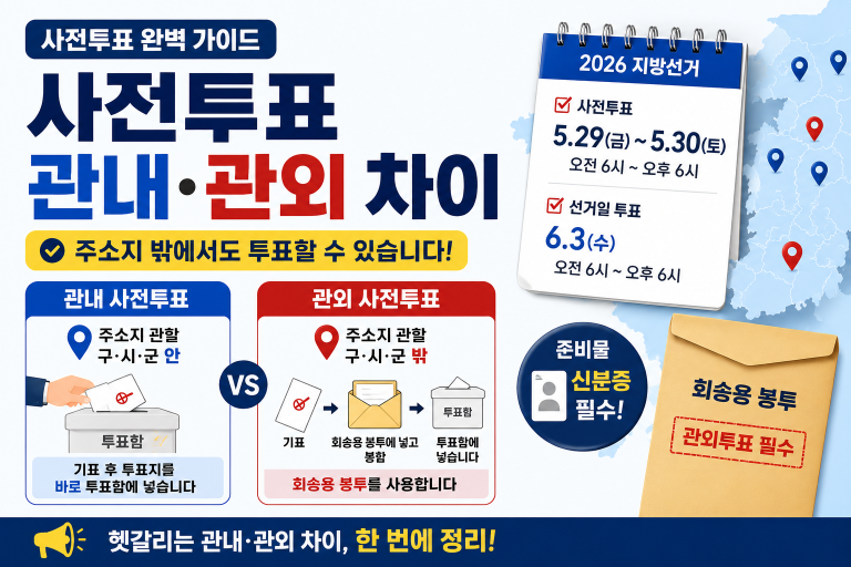 사전투표는 전국 어디서나 가능하지만, 주소지 관할 구·시·군 안팎에 따라 관내·관외 절차가 달라집니다.