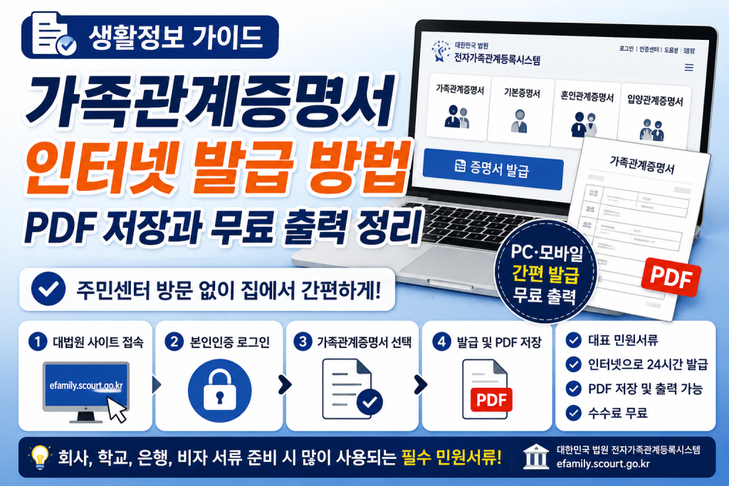 가족관계증명서는 전자가족관계등록시스템에서 인터넷 발급과 PDF 저장이 가능합니다.