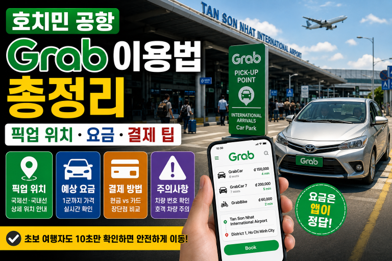 호치민 공항에서 Grab을 탈 때는 앱에 표시된 픽업 위치, 차량 번호, 결제수단을 먼저 확인해야 합니다.