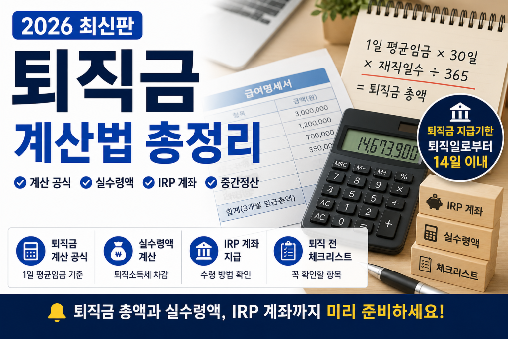 퇴직금은 퇴직 전 3개월 평균임금과 재직일수를 기준으로 계산하며, 실제 입금액은 퇴직소득세와 지급 방식에 따라 달라질 수 있습니다.