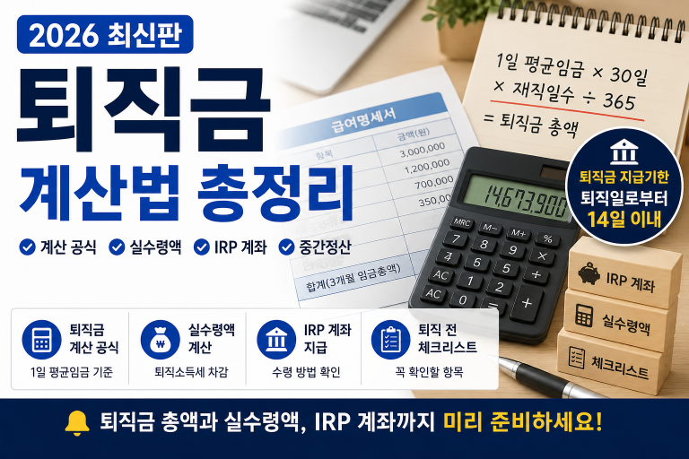 퇴직금은 퇴직 전 3개월 평균임금과 재직일수를 기준으로 계산하며, 실제 입금액은 퇴직소득세와 지급 방식에 따라 달라질 수 있습니다.