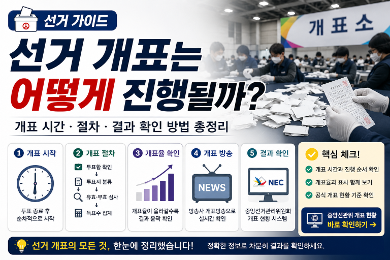 선거 개표는 투표 종료 후 투표함 이송, 투표지 분류, 심사, 집계 순서로 진행됩니다.