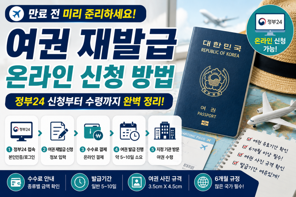 여권 재발급은 온라인 신청이 가능하더라도 수령은 지정 기관 방문이 필요할 수 있습니다.