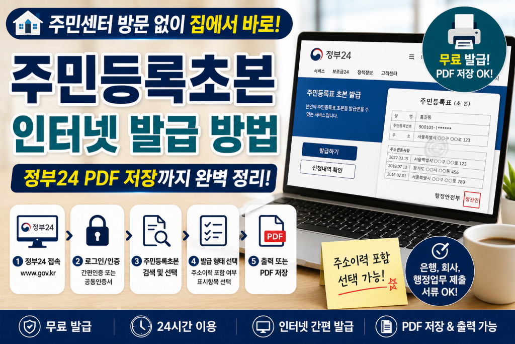 주민등록초본은 정부24에서 인터넷 발급과 PDF 저장이 가능합니다.