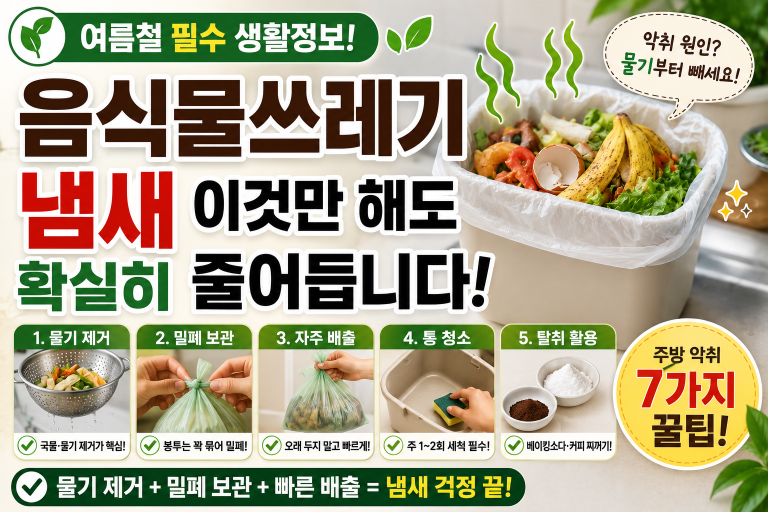 여름철 음식물쓰레기 냄새는 물기 제거와 밀폐 보관만으로도 크게 줄일 수 있습니다.
