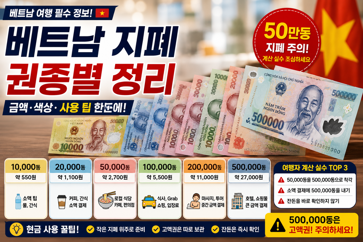 베트남 50만동 지폐 주의 여행자 계산 실수