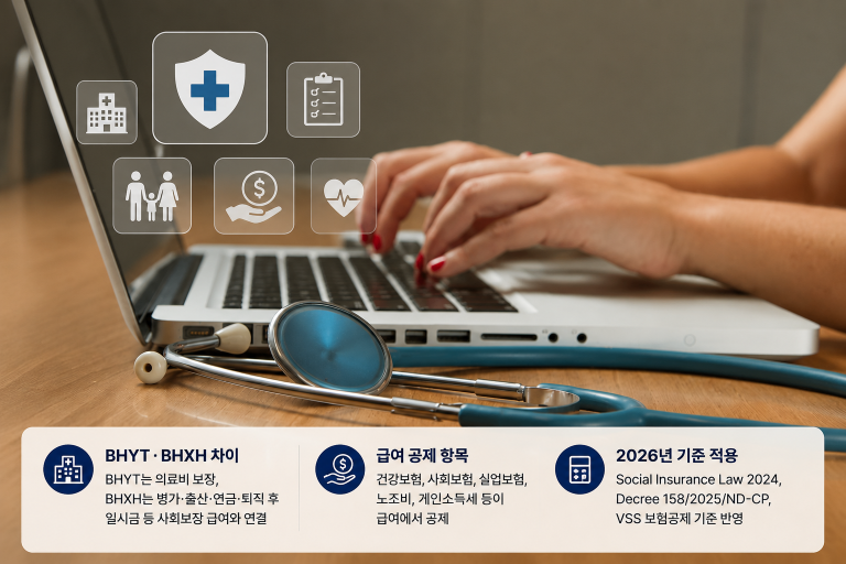 베트남 건강보험(BHYT)과 사회보험(BHXH)은 직원 급여에서 매월 공제되지만 같은 항목이 아닙니다. BHYT는 병원 진료와 의료비 보장에 연결되고, BHXH는 병가, 출산휴가, 연금, 사망급여, 퇴직 후 일시금과 연결됩니다.