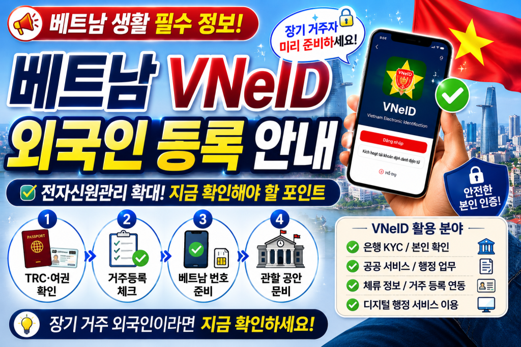 베트남 VNeID는 외국인의 행정서비스 이용과 체류정보 확인에 연결될 수 있습니다.