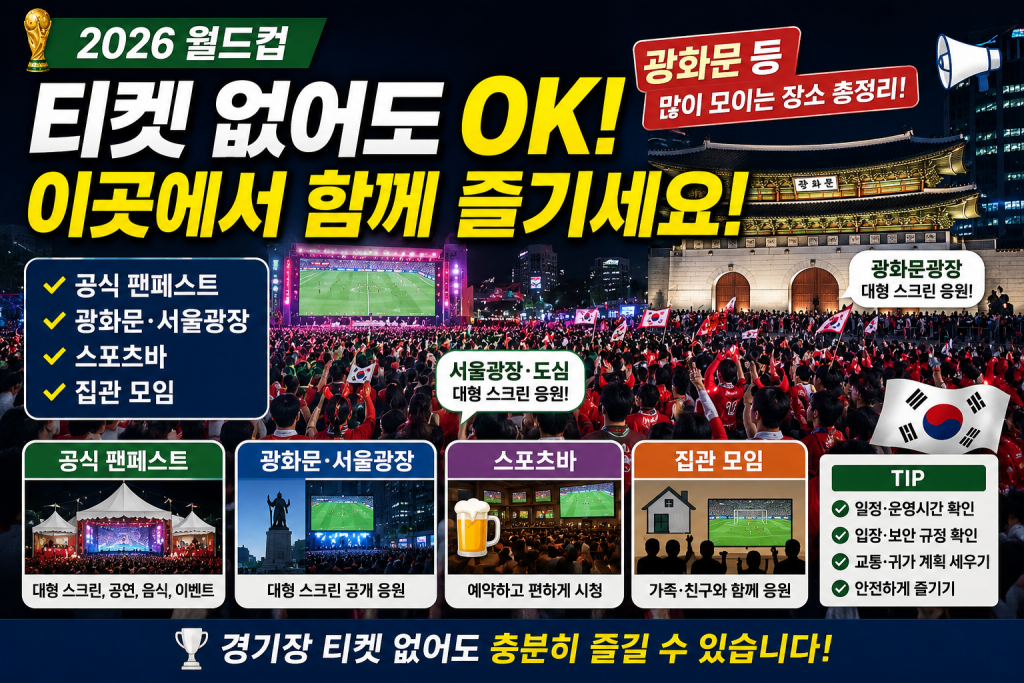 월드컵 티켓이 없어도 팬페스트, 스포츠바, 공개응원, 집관 모임을 통해 대회를 충분히 즐길 수 있습니다.