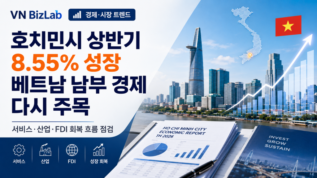 호치민시가 2026년 상반기 8.55% 경제성장률을 기록했습니다. 서비스업, 산업생산, FDI 회복 흐름과 함께 한국 기업이 주목해야 할 베트남 남부 경제 신호를 정리했습니다.