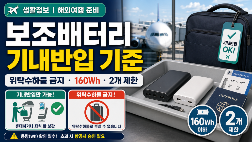 해외여행 전 꼭 확인해야 할 보조배터리 기내반입 기준을 정리했습니다. 위탁수하물 금지 이유, 160Wh 기준, 개수 제한, 기내 사용·충전 금지 여부까지 쉽게 설명합니다.