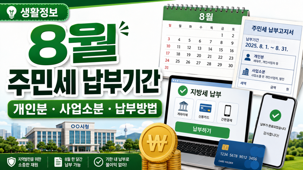 8월에 납부하는 주민세 개인분과 사업소분의 차이, 납부기간, 납부방법, 위택스·은행·카드 납부 방법과 기한을 놓쳤을 때 주의할 점을 정리했습니다.