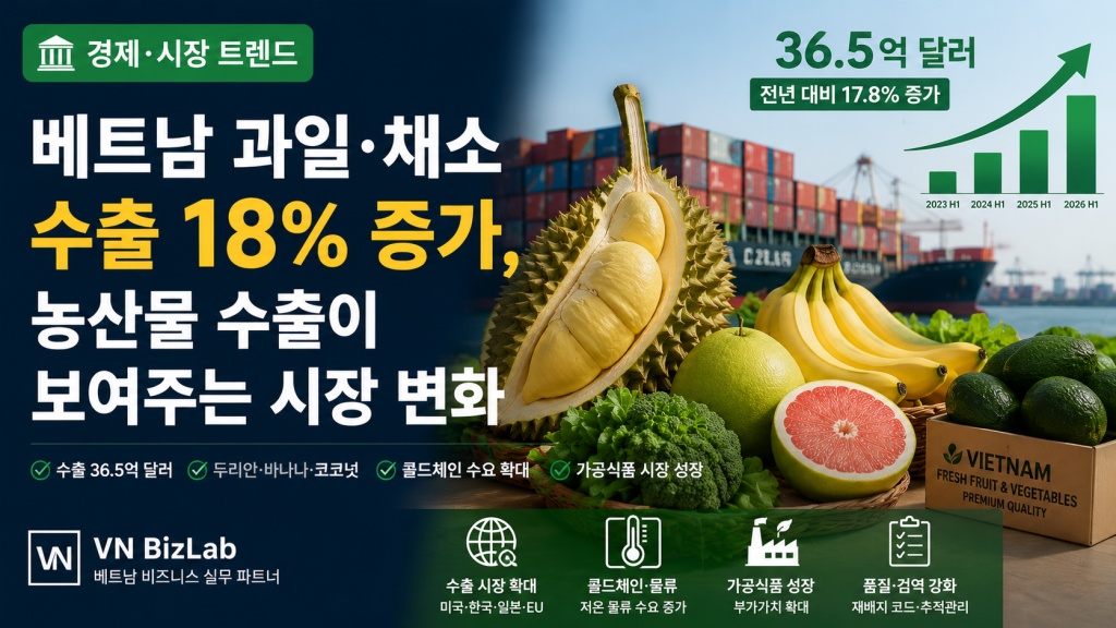 베트남 과일·채소 수출이 2026년 상반기 36.5억 달러를 기록하며 전년 대비 약 18% 증가했습니다. 농산물 수출 확대가 보여주는 식품, 물류, 콜드체인, 가공시장 변화를 정리했습니다.
